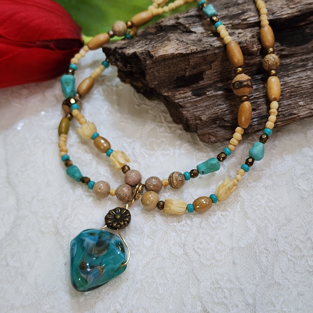 Boho Faux Turquoise, Shell, and Brown Wood Beaded Necklace With Glass Pendant
